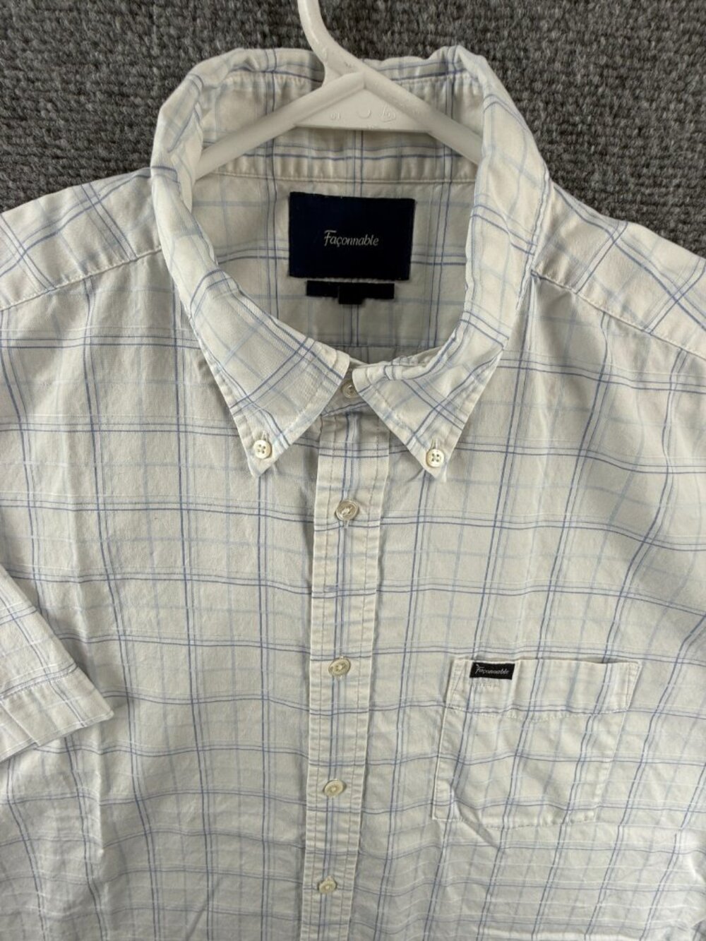 Faconnable XL Button-Down Check Cotton Short Sleeve Club Blue Pocket Shirt Mens